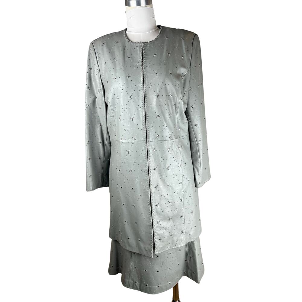 Pamela McCoy Genuine Leather Silver Gray Embellished Jacket Skirt Set L